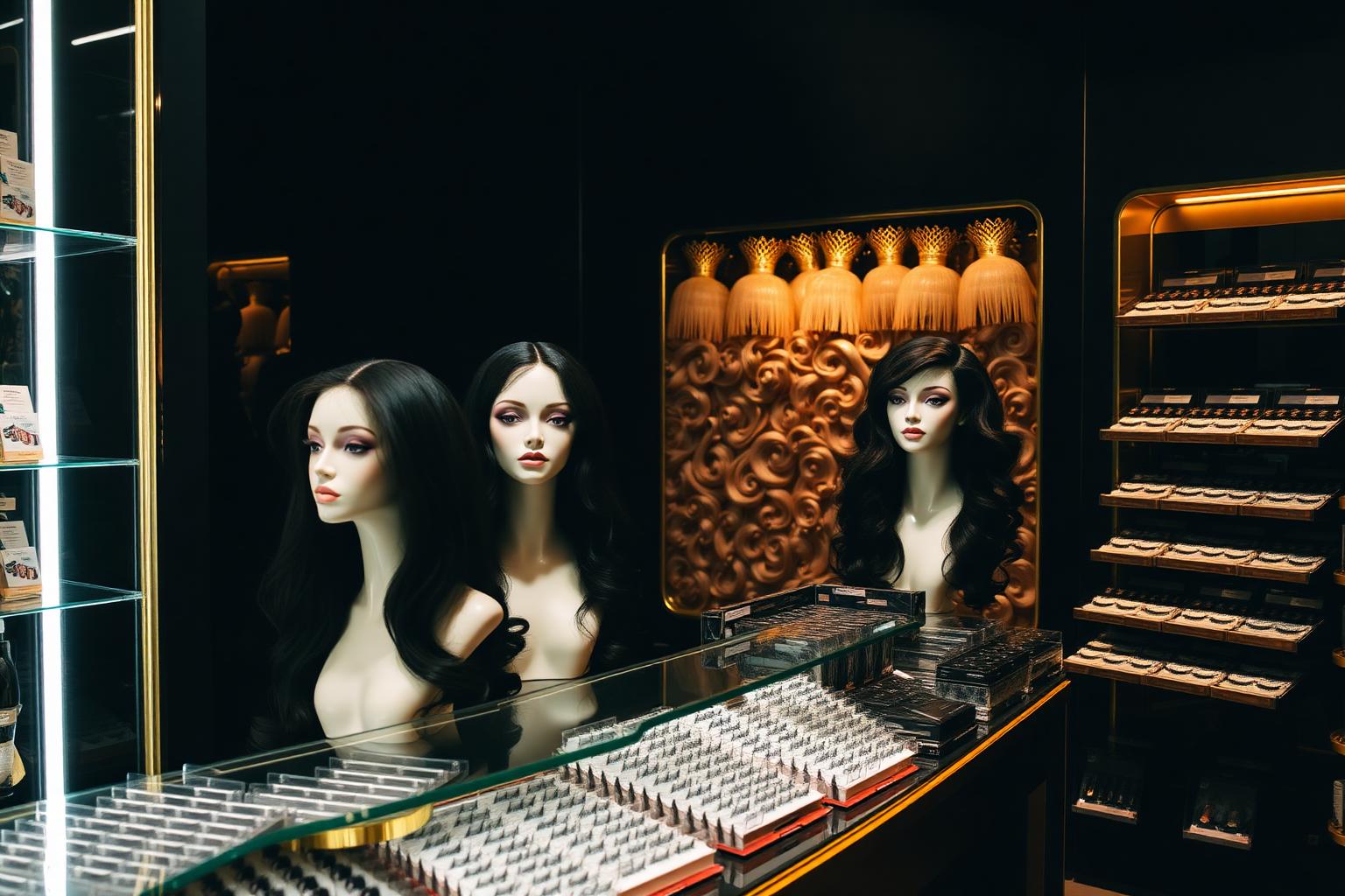 Luxury beauty supply boutique with wigs, lashes and gold accents