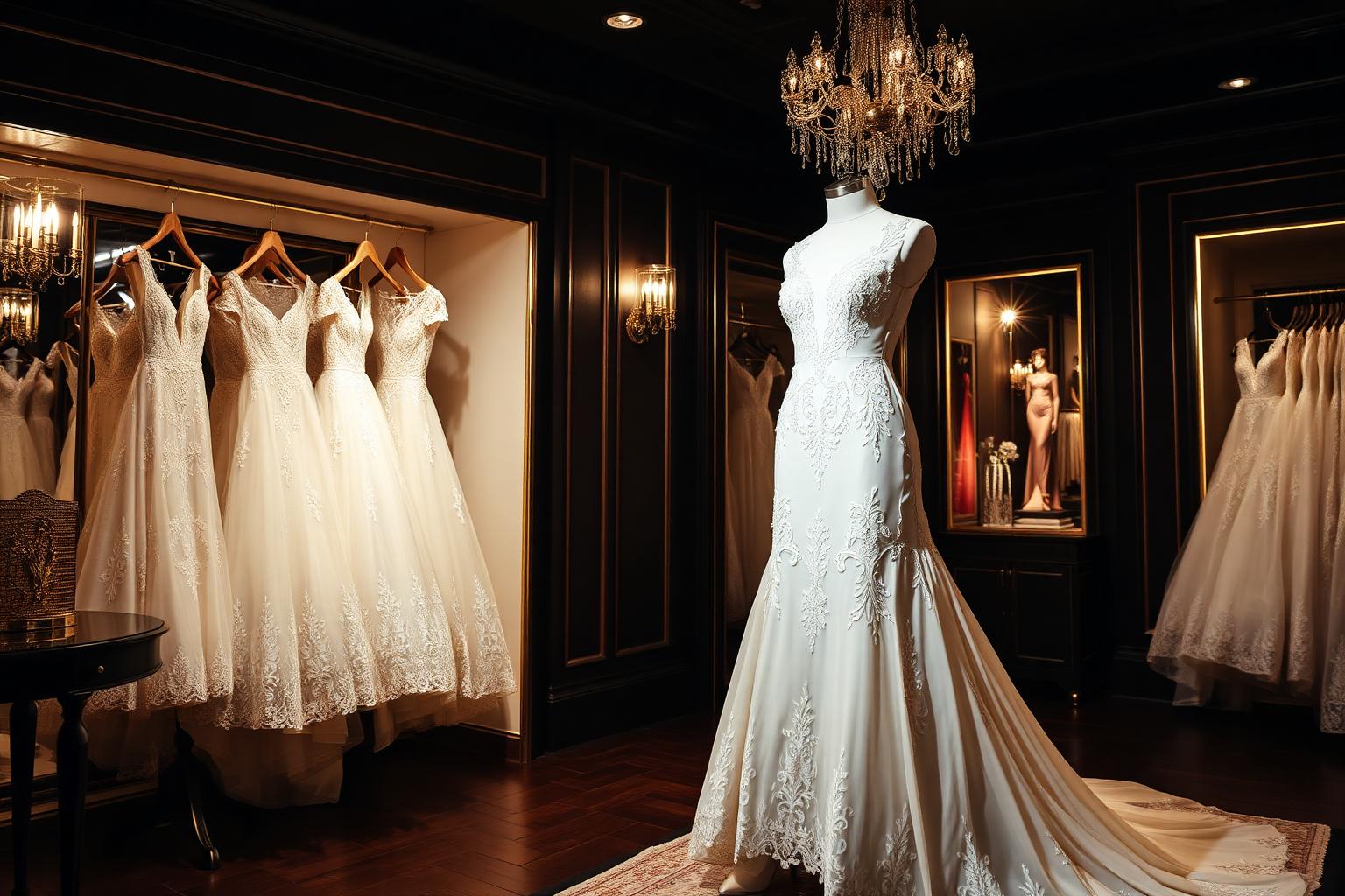 Elegant lace bridal gown on a mannequin in a luxury boutique